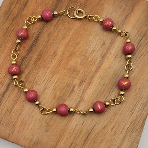 Vintage 10K Gold Plated/Filled Unmarked Burgandy Beaded Chain Bracelet 8"